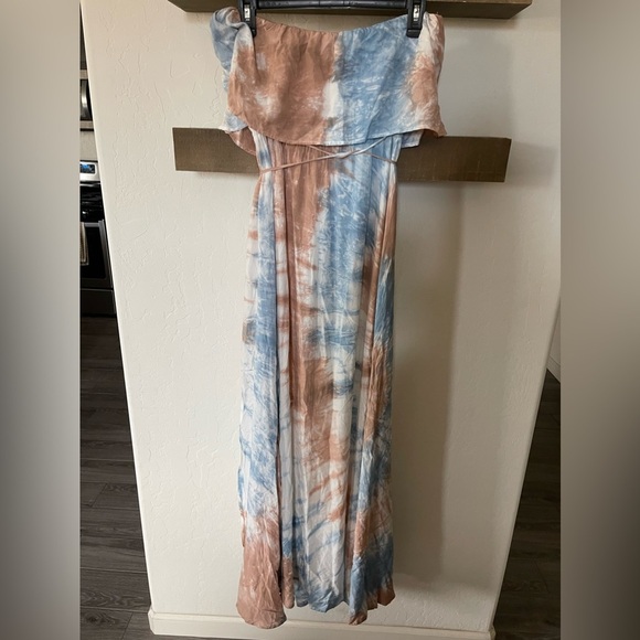 Aakaa|Strapless Blush Pink & Blue Tie Dye Maxi Dress with Deep Slit, Size M••• - Picture 8 of 16